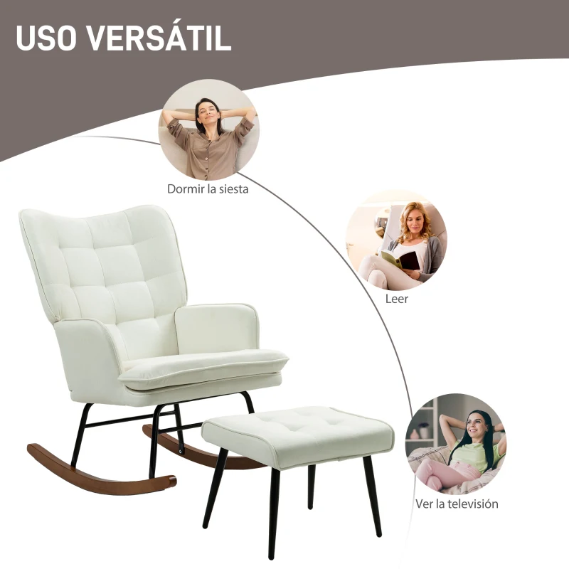HOMCOM Silla Mecedora con Reposapiés Cojín Acolchado y Reposabrazos Carga 130 kg Crema