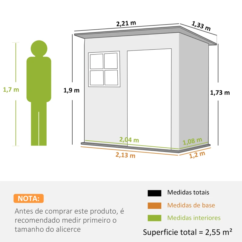 Outsunny Abrigo de Jardim Exterior 2,55 m² 221x133x190 cm com Janela Porta com Fechadura e Ventilações Cinzento Escuro