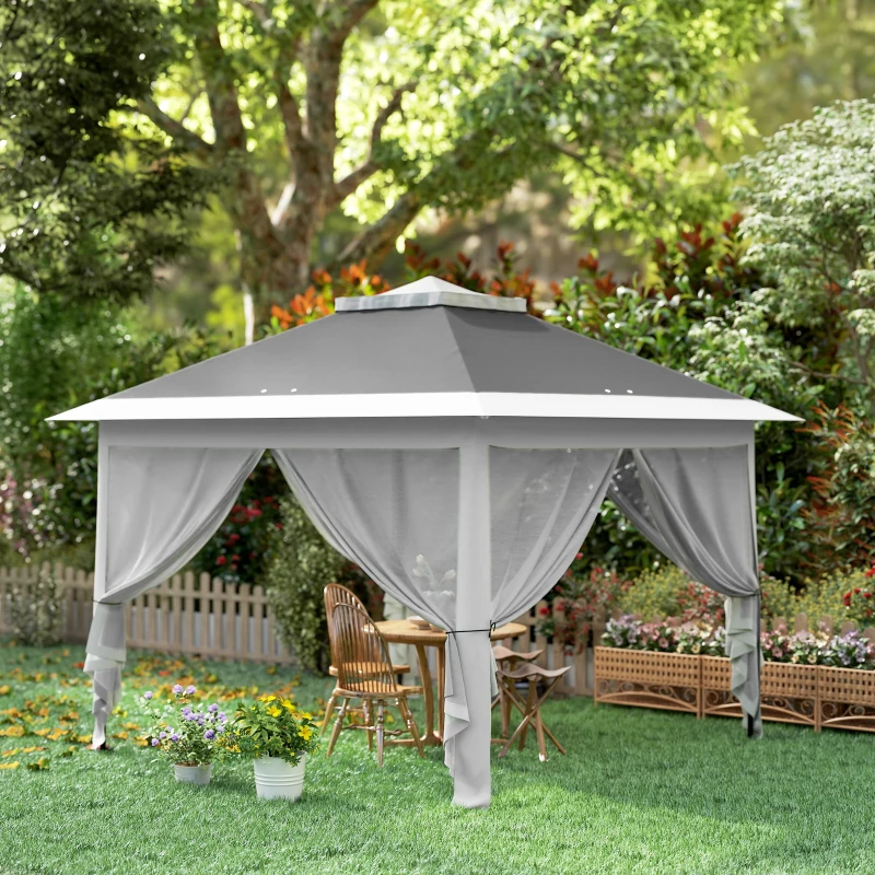 Outsunny Carpa Plegable 3,3x3,3 m Pop-up Altura Ajustable Doble Techo Mosquiteras Extraíbles y Bolsa de Transporte Anti-UV Gris