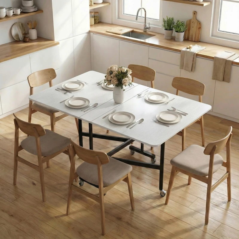 HOMCOM Table à Manger Pliante sur Roulettes pour 4-6 Personnes 120 cm, Roues avec Freins, 2 Abattants, Industriel, Blanc Noir