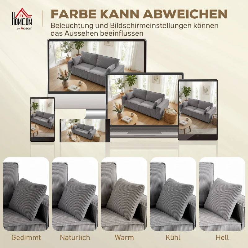 HOMCOM 218 cm brede 3-zitsbank, moderne corduroy-bank met pocketveren, brede armleuningen en 2 kussens, lichtgrijs