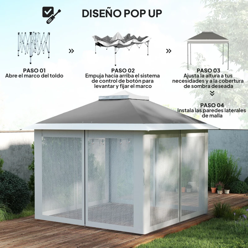 Outsunny Carpa Plegable 3,3x3,3 m Pop-up Altura Ajustable Doble Techo Mosquiteras Extraíbles y Bolsa de Transporte Anti-UV Gris