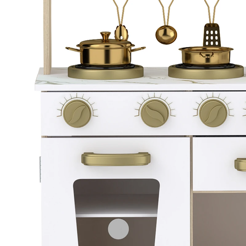 AIYAPLAY Cuisine Enfant en Bois, Dinette Cuisine Enfant avec Ustensiles en Acier Inoxydable, pour 3 à 6 Ans, 74x29x81cm, Blanc