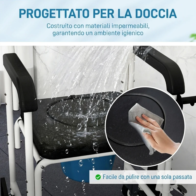 HOMCOM Sedia a Rotelle con WC Impermeabile 4 in 1 con Poggiapiedi Ribaltabili, in Alluminio e Plastica, Nero