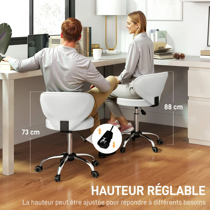 HOMCOM Tabouret à roulettes, tabouret de massage en PU avec hauteur réglable 73-88 cm et dossier, pivotant 360°, blanc