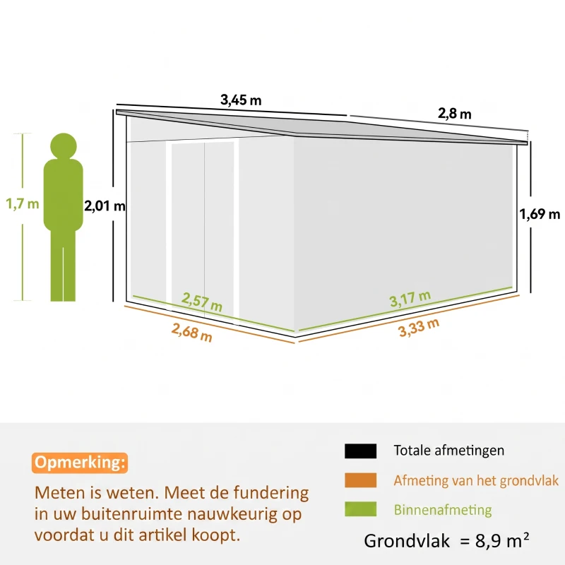 Outsunny Metalen Tuinschuur Metaal, Met Dubbele Vergrendelbare Deuren, 2,8x3,45x2,01m, Grijs(m-3)