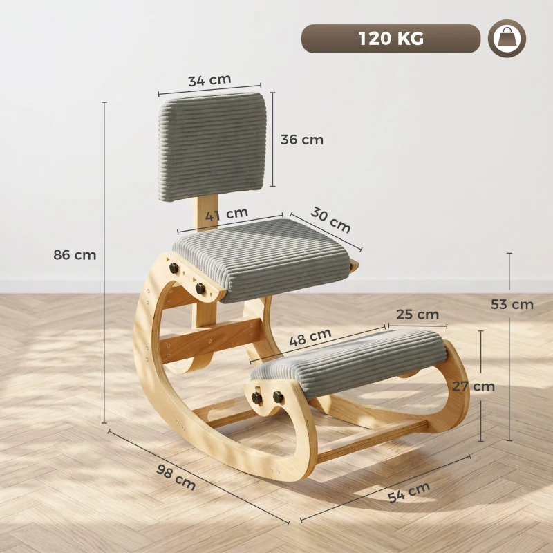 HOMCOM Silla de Rodillas Ergonómica con Respaldo Apoyo para Rodillas y Tapizado de Pana Gris