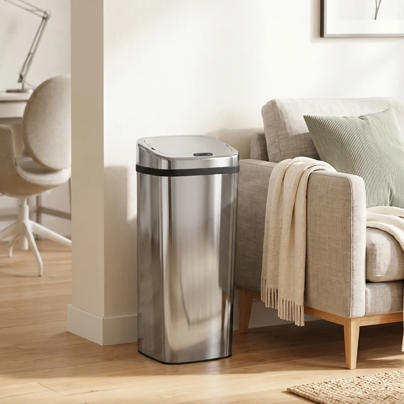HOMCOM Sensor Mülleimer 50L Automatik Mülleimer mit Bewegungssensor, Wasserdichter Abfalleimer für Büro, Schlafzimmer, Küchen Edelstahl Silber