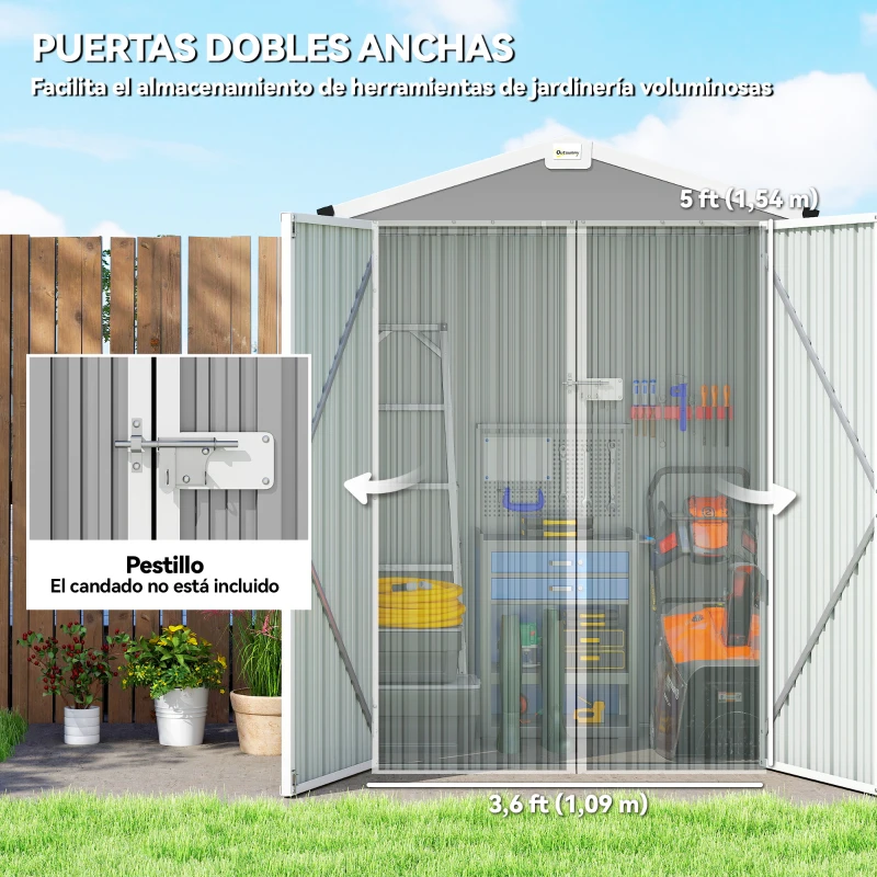 Outsunny Cobertizo de Jardín Exterior 1,1 m² 133x87x178 cm con 2 Puertas Abatibles Techo a Dos Aguas y Guantes Gris Plateado