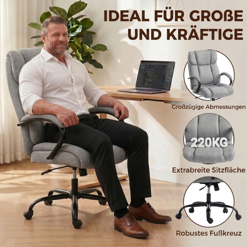 Vinsetto Bürostuhl, Ergonomischer Chefsessel bis 220 kg belastbar, Gepolsterter Schreibtischstuhl mit Armlehne, breit Sitz, Höhenverstellbarer Drehstuhl mit Wippfunktion, Leinenoptik, Hellgrau