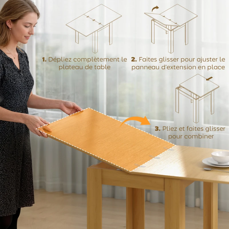 HOMCOM Table à manger extensible rectangle pour 4 à 6 personnes, table de cuisine 70-140 cm, patins en feutre, bois naturel