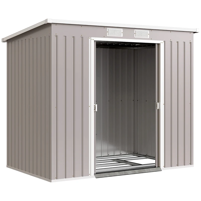 Outsunny Cobertizo de Jardín Exterior 2,42 m² 213x130x172 cm con Puerta Corredera Techo Inclinado Base y 2 Ventanas Gris Claro