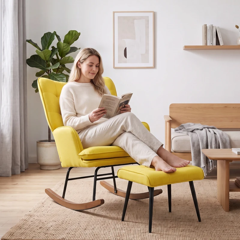 HOMCOM Poltrona Baloiço com Apoio para os Pés Poltrona Relax com Almofada Acolchoada e Anti-Tombo 64x89x90 cm Amarelo