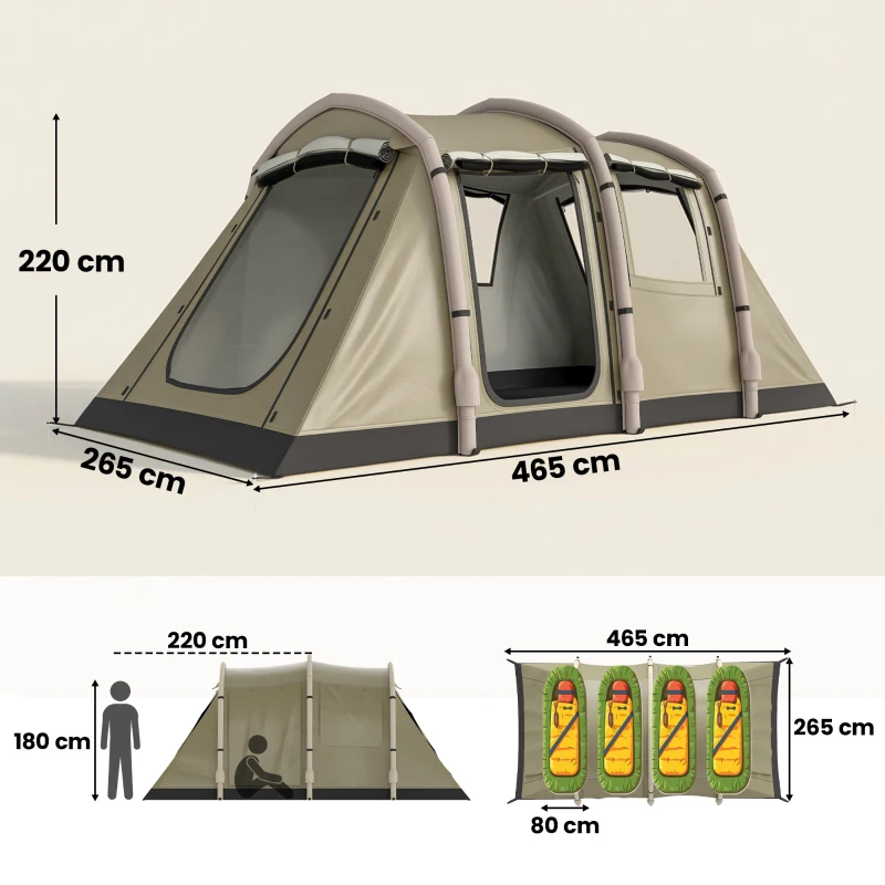 Outsunny Aufblasbares Zelt 2-4 Personen Schneller Aufbau Outdoor Zelt für Camping mit Luftpumpe Mesh Fenster Heringen Vordach