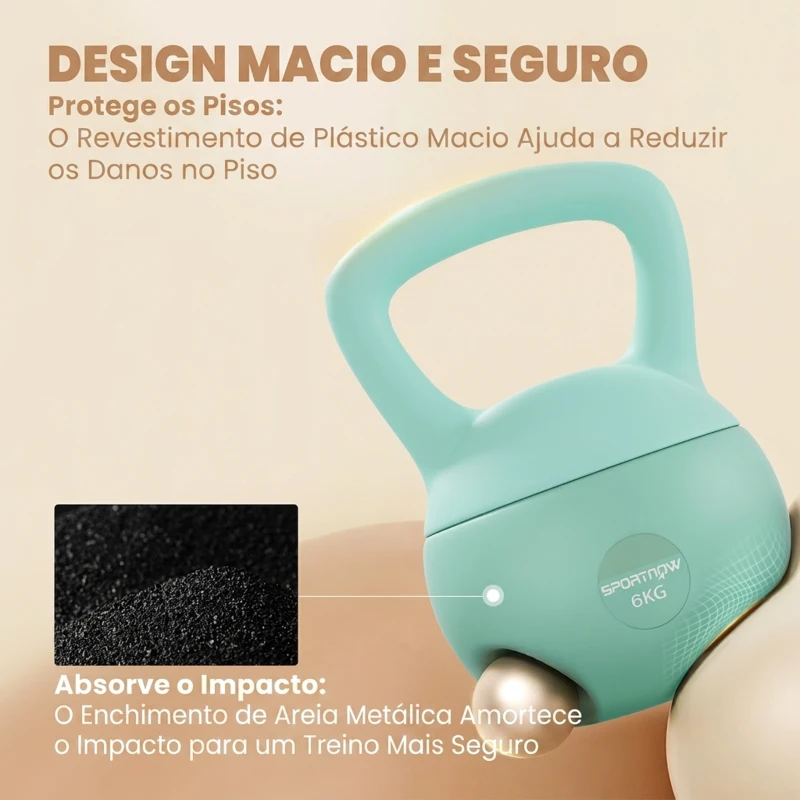 SPORTNOW Kettlebell de 6 kg Pesa Russa Preenchida de Areia Metálica e Alça Antiderrapante para Treino em Casa Ginásio 19x19x28 cm Verde