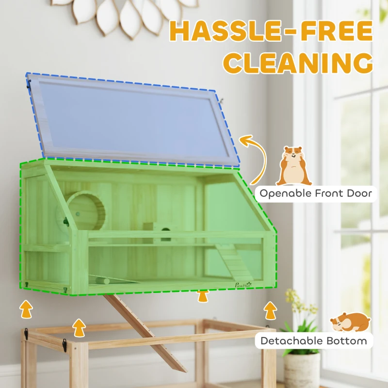 PawHut Gaiola para Hamster em Madeira com 3 Níveis, Base Funda Desmontável, Baloiço, Roda de Exercício, Rampas, Casinha, Natural