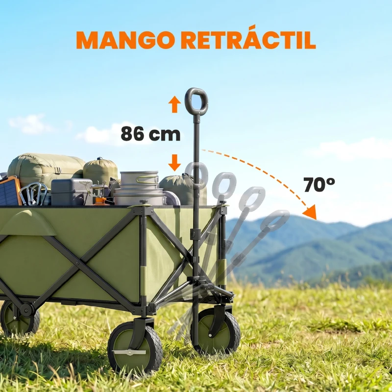Outsunny Carro Plegable de Transporte con Mango Telescópico Tablero Plegable y 5 Bolsillos para Jardín 108x55x93 cm Verde