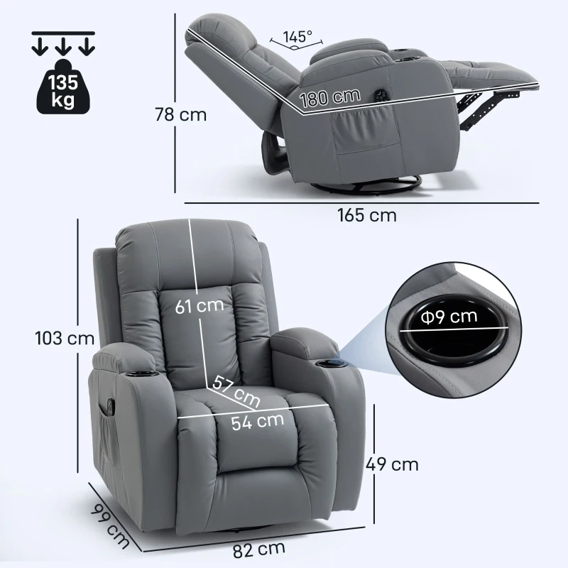 HOMCOM Fauteuil Inclinable de Massage et Chauffage, Fauteuil de Relaxation, Dossier Réglable, Pivotant, 82x99x103cm, Gris Clair