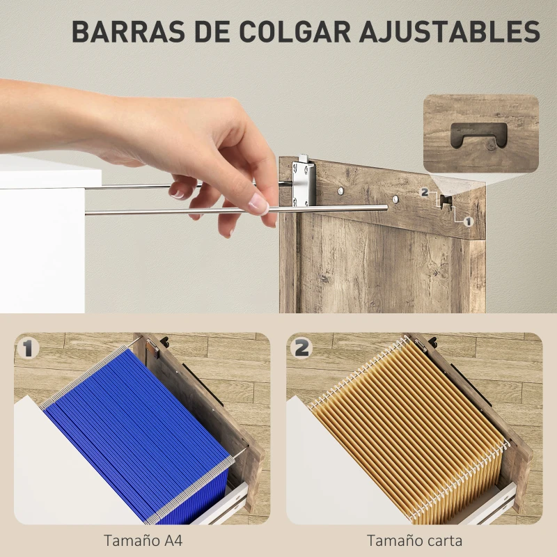 HOMCOM Cajonera de Escritorio con 4 Cajones Cerradura 2 Llaves Barras Colgantes para A4 Carta 39,4x40x129 cm Blanco y Madera