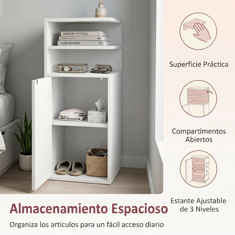 HOMCOM Juego de 2 Mesillas de Noche Dormitorio con Puerta Compartimentos Abiertos para Espacios Reducidos 25x30x60 cm Blanco