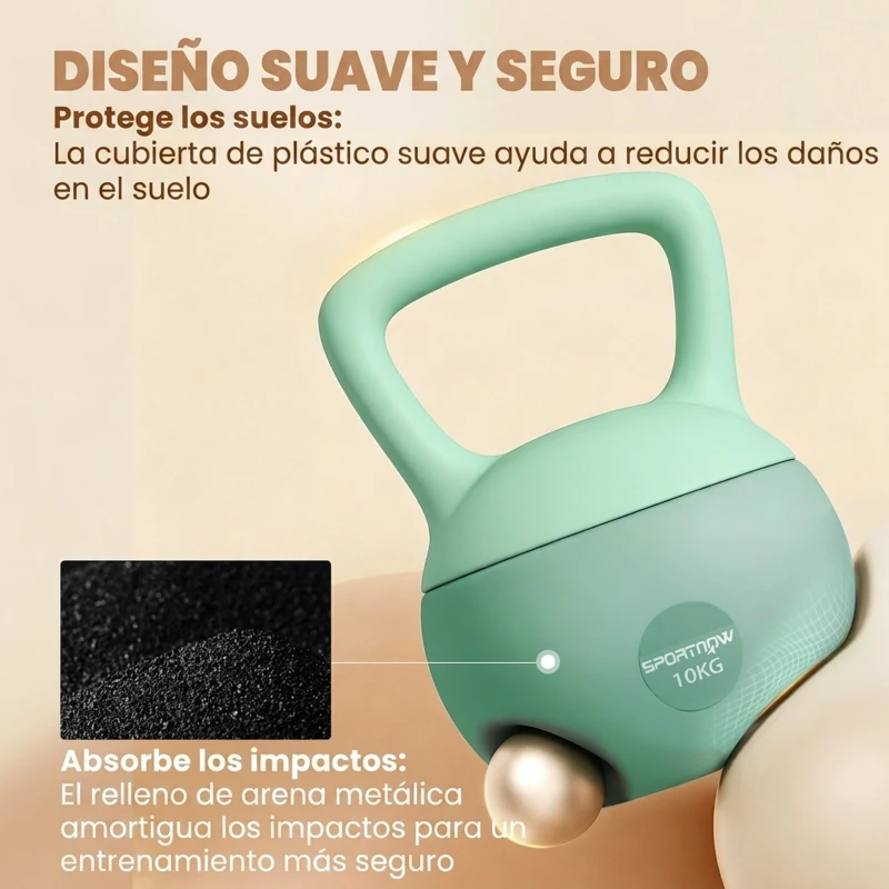 SPORTNOW Pesa Rusa 10 kg Kettlebell Relleno de Arena Metálica y Mango Antideslizante para Entrenamiento en Casa 21x21x30 cm Verde