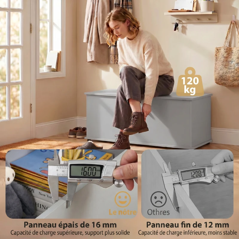HOMCOM Coffre de rangement, banc de rangement avec couvercle rabattable et charnières de sécurité, 100 x 40 x 40 cm, gris