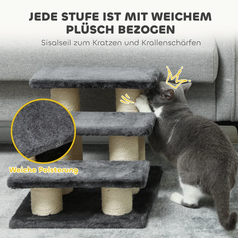 PawHut Hundetreppe 3 Stufen 34 cm Hoch Haustiertreppe für Hunde Katze Katzentreppe mit Kratzstamm Hunderampe Einstiegshilfe für Bett, Sofa, Couch Dunkelgrau
