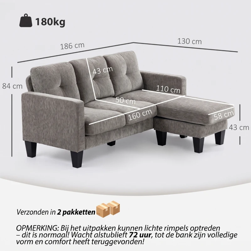 HOMCOM Hoekbank, Hoek-couch met omkeerbare chaiselongue, L-vormige bank, Bekleding in linnenlook, 186 x 130 x 84 cm, Bruin