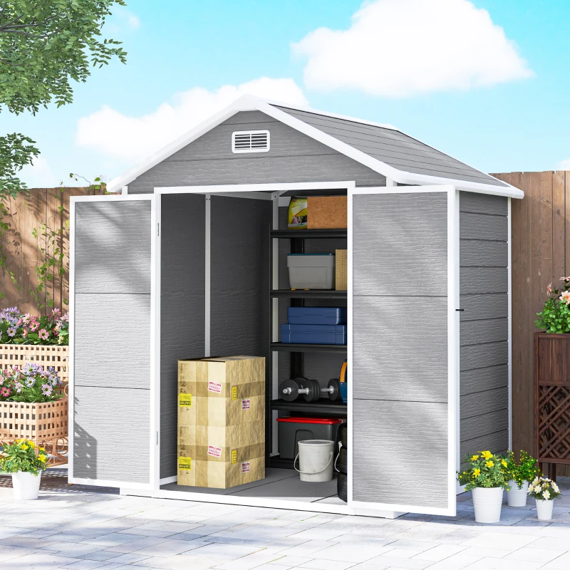 Outsunny Abrigo de Jardim em Resina 182x151x219 cm com Piso Janela Ventilação Portas Duplas Cinzento