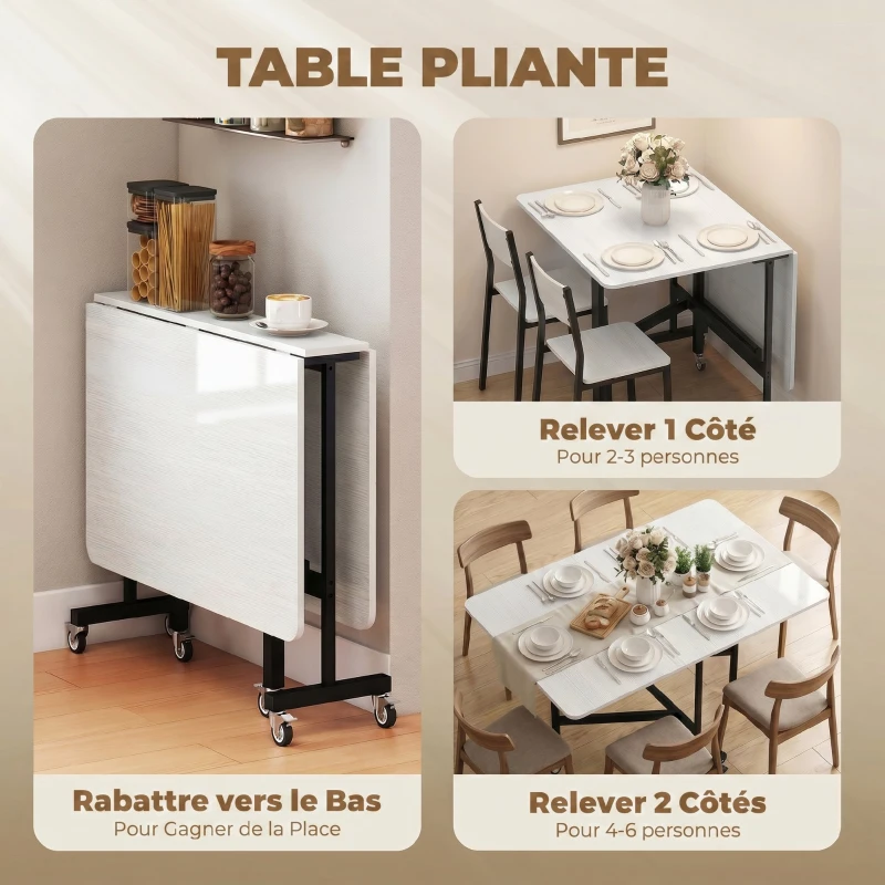 HOMCOM Table à Manger Pliante sur Roulettes pour 4-6 Personnes 120 cm, Roues avec Freins, 2 Abattants, Industriel, Blanc Noir