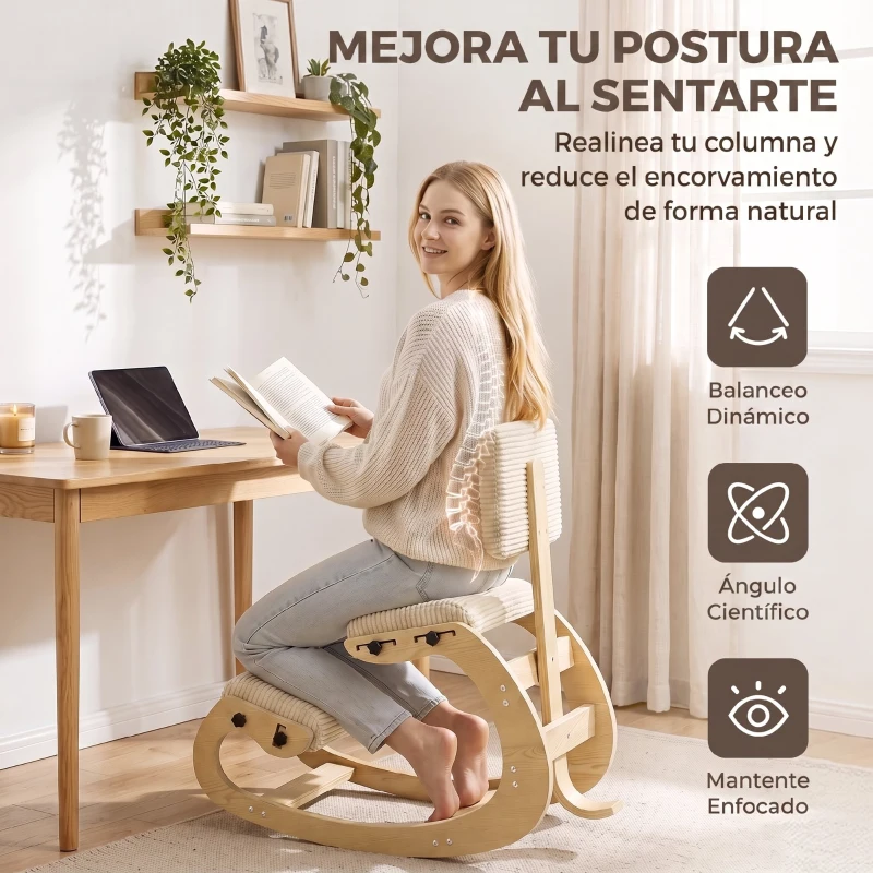 HOMCOM Silla de Rodillas Ergonómica con Respaldo Apoyo para Rodillas y Tapizado de Pana Crema
