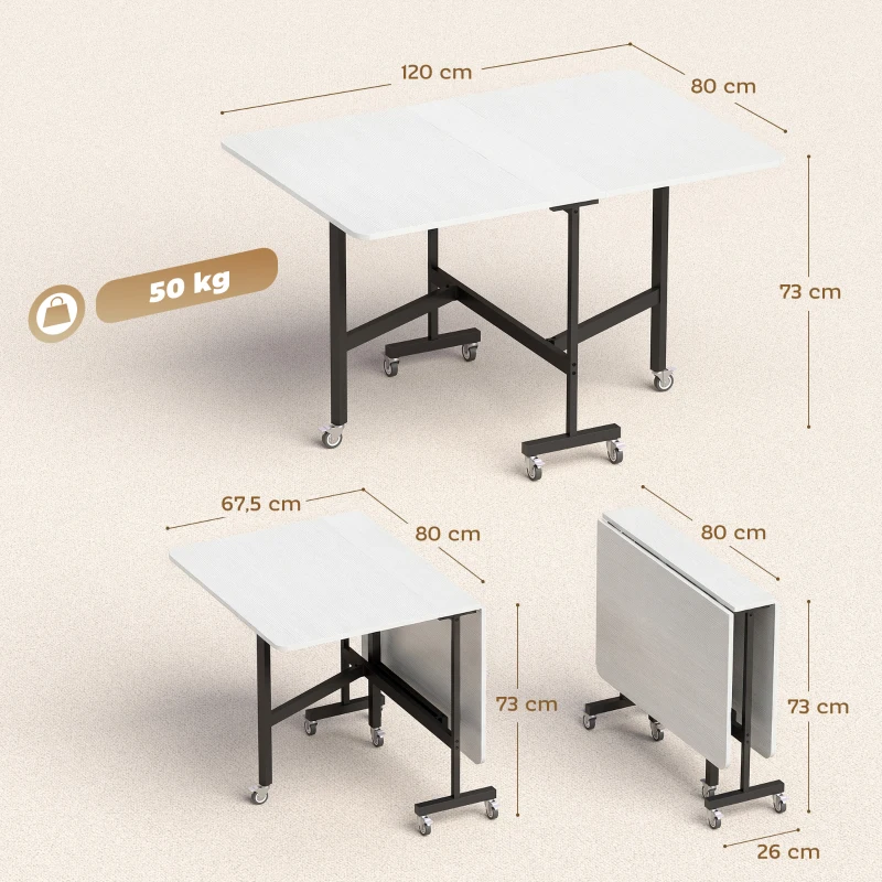 HOMCOM Table à Manger Pliante sur Roulettes pour 4-6 Personnes 120 cm, Roues avec Freins, 2 Abattants, Industriel, Blanc Noir