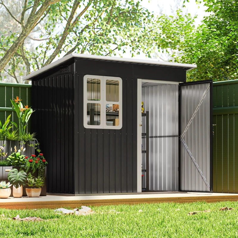 Outsunny Abrigo de Jardim Exterior 2,55 m² 221x133x190 cm com Janela Porta com Fechadura e Ventilações Cinzento Escuro
