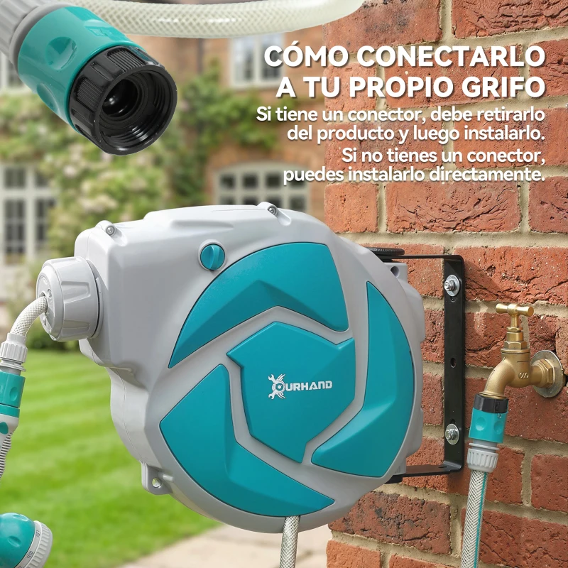 DURHAND Manguera Retráctil de Pared con Carrete de 10+1 m con Retorno Enrollado Automático y Boquilla de 7 Funciones Gira 180°