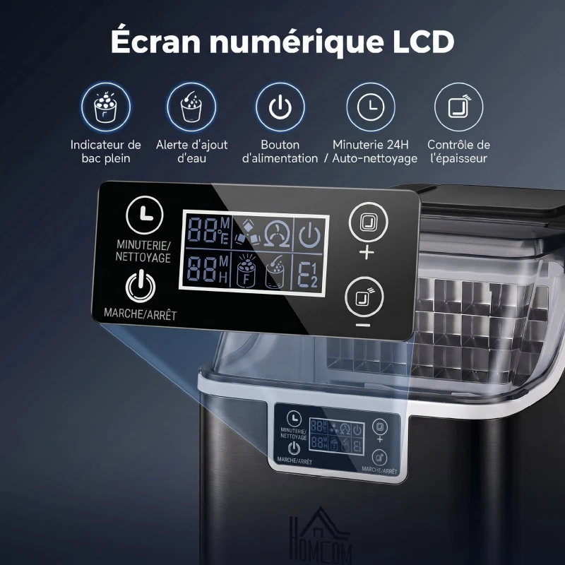 HOMCOM Machine à glaçons, 20 kg en 24h, 24 glaçons en 14-18 min, ice maker avec fonction autonettoyante, 25,2x36x37,1cm, noir