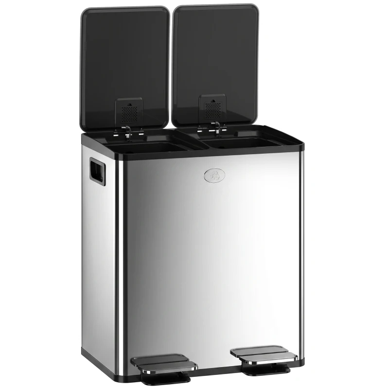 HOMCOM Coș de Gunoi cu 2 Compartimente de 20L cu Închidere Silențioasă, din Oțel Inoxidabil și PP, 45.8x36x51.6 cm