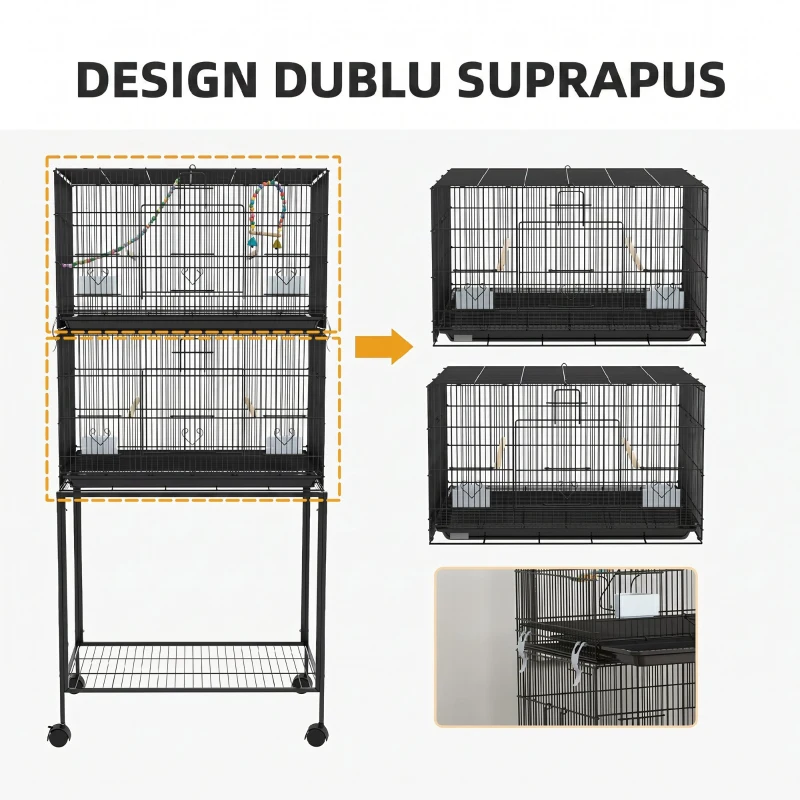 PawHut Cușcă pentru Păsări din Oțel și PP, Design Suprapus cu Stinghii, Leagăne și Scărițe, 77x46x164 cm, Negru