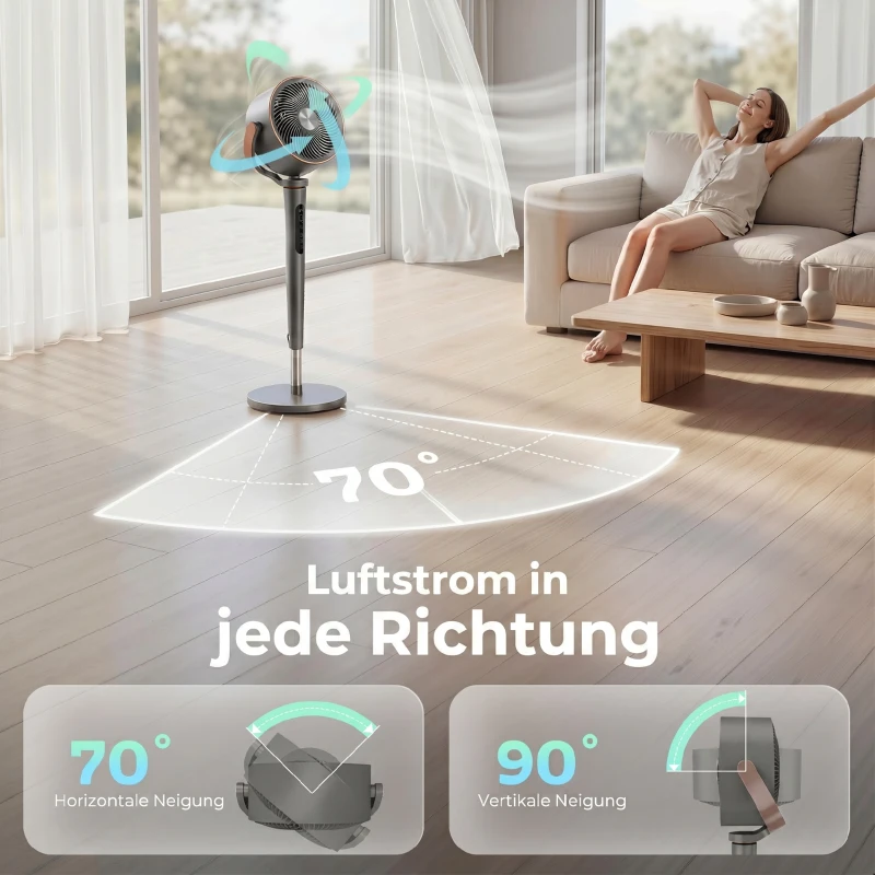HOMCOM Standventilator Luftzirkulator Lüfter mit 12 Geschwindigkeitsstufen LED-Display Fernbedienung 70°+90° Oszillation Grau