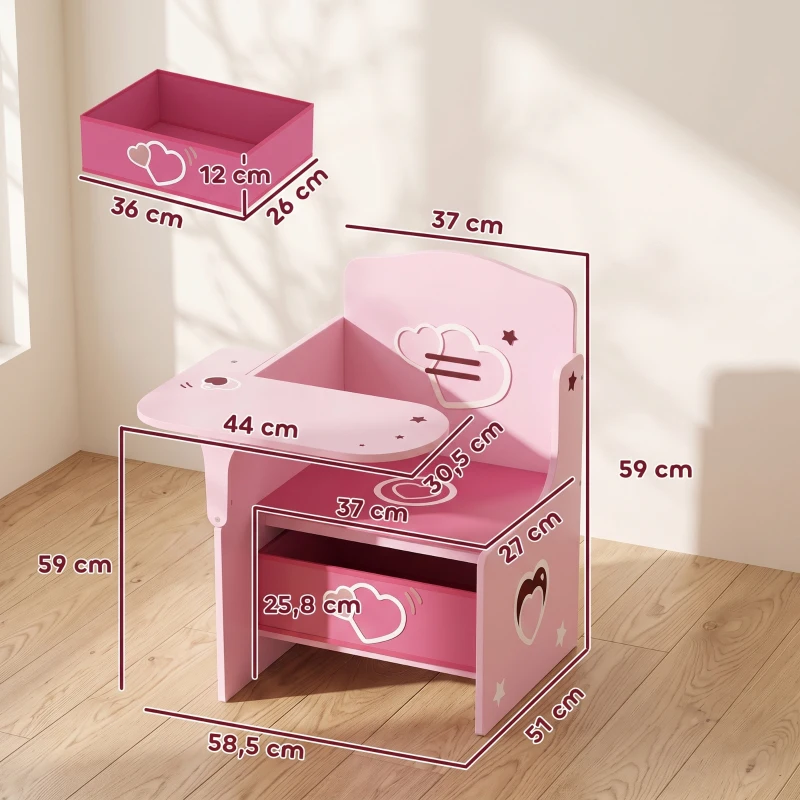 AIYAPLAY Set Tavolo e Sedia per Bambini 3-5 Anni in Legno MDF con Motivi a Cuore, Contenitore Integrato, Rosa