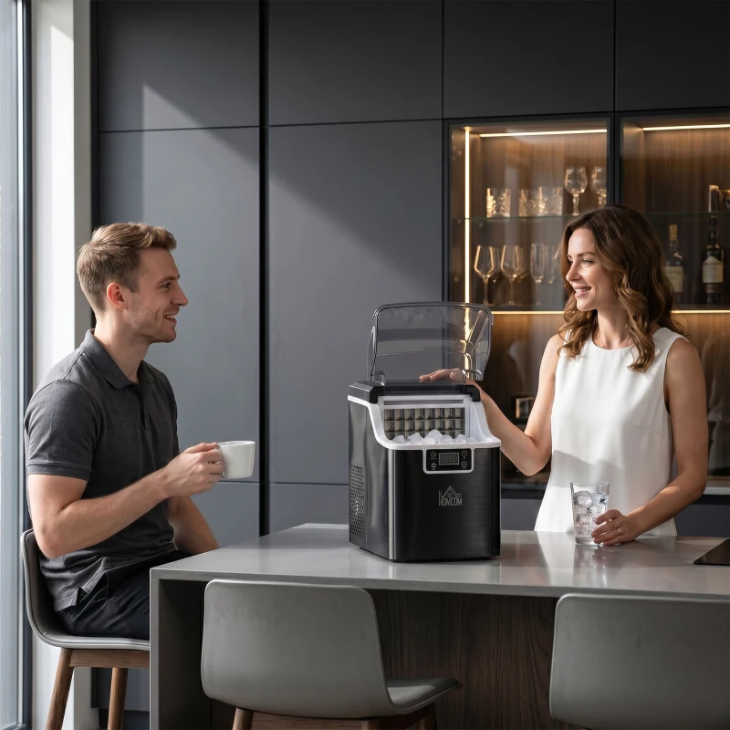 HOMCOM Machine à glaçons, 20 kg en 24h, 24 glaçons en 14-18 min, ice maker avec fonction autonettoyante, 25,2x36x37,1cm, noir