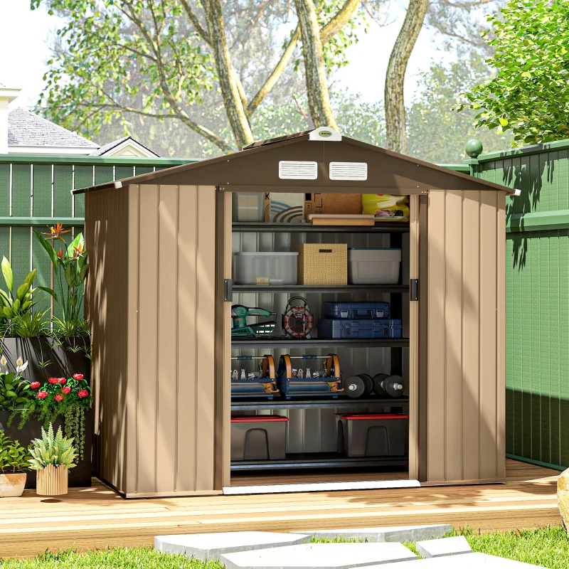 Outsunny Abrigo de Jardim Exterior 2,42 m² 213x130x185 cm com Porta de Correr, Ventilação e Luvas, Amarelo