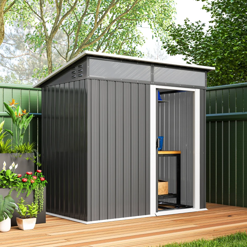 Outsunny Abrigo de Jardim 1,9m² 195x122x182 cm com Base Reforçada (Chão NÃO Incluído) Porta Corredera Janelas Abrigo de Ferramentas Cinza Escuro