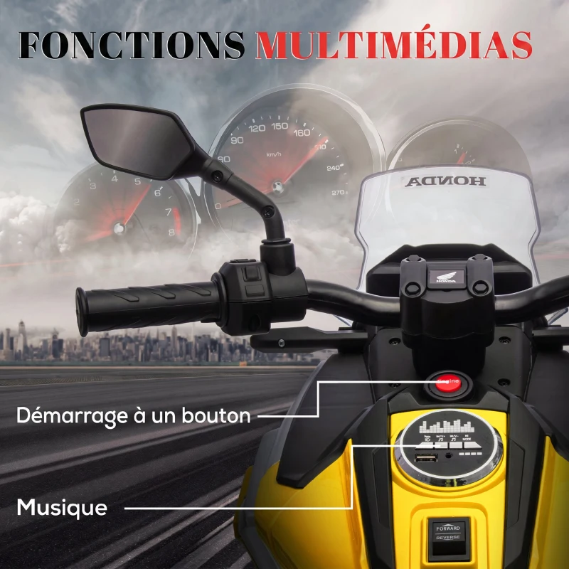 AIYAPLAY Moto électrique pour enfants moto porteur Honda pour enfants 3 à 6 ans avec musique, phares jaune