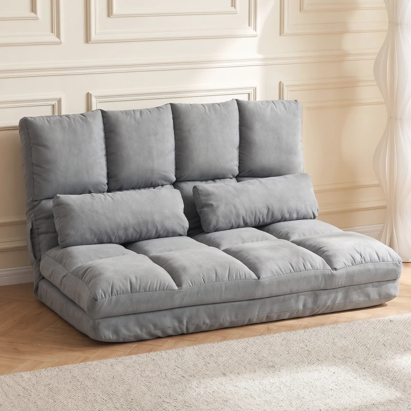 HOMCOM Chauffeuse 2 places canapé-lit convertible fauteuil de sol pliable dossier réglable 2 coussins inclus en polyester aspect suédé, pour salon, chambre et bureau, gris