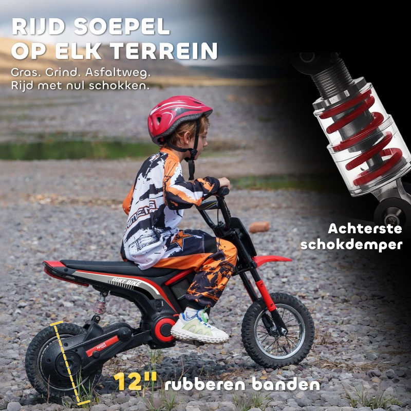 HOMCOM Elektrische Kindermotorfiets, 24V met Toeter en Verlichting, Draaigashendel, 8-16 km/u, 8-12 Jaar, Rood(m-7)