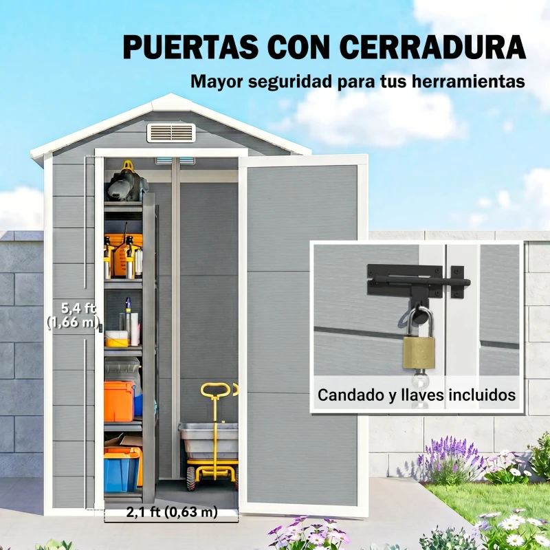 Outsunny Abrigo de Jardim Exterior 2,1 m² 131x186x198 cm Abrigo de Jardim Exterior com Piso Janela Porta com Fechadura Cinzento