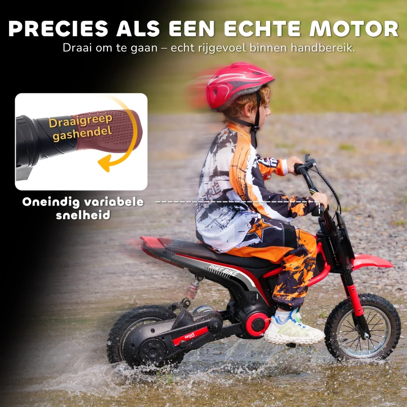 HOMCOM Elektrische Kindermotorfiets, 24V met Toeter en Verlichting, Draaigashendel, 8-16 km/u, 8-12 Jaar, Rood(m-4)