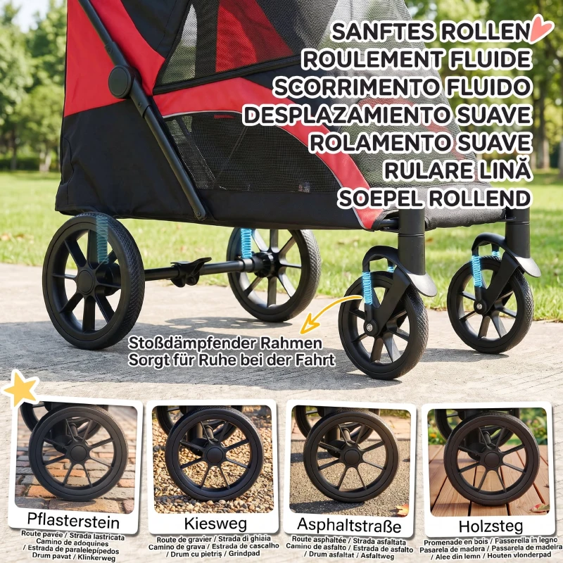 PawHut Hondenwagen, opvouwbare hondenbuggy voor middelgrote honden, huisdierwagen met 4 wielen, veiligheidslijnen, remmen, zwart