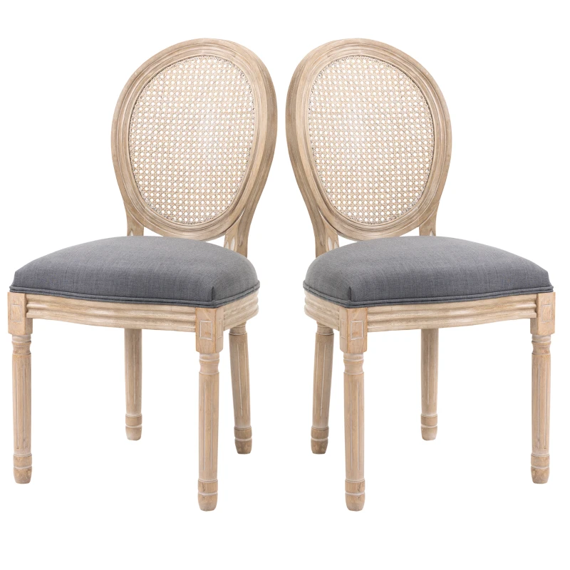 HOMCOM Set di 2 Sedie Sala da Pranzo in Tessuto Effetto Lino con Schienale in Rattan Traforato, Gambe in Legno, Grigio