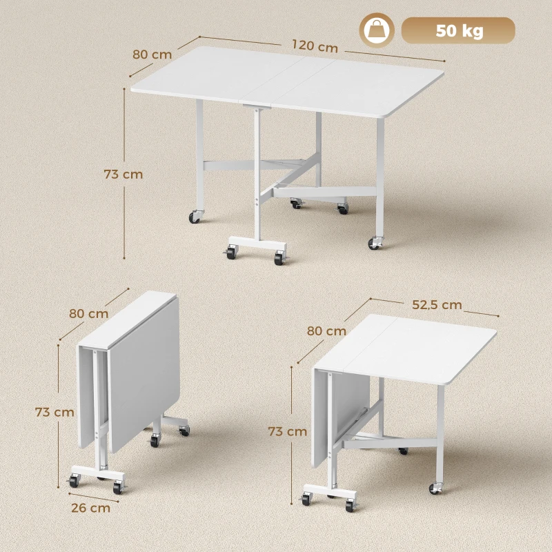 HOMCOM Table à Manger Pliante sur Roulettes pour 4-6 Personnes 120 cm, Roues avec Freins, 2 Abattants, Style Industriel, Blanc